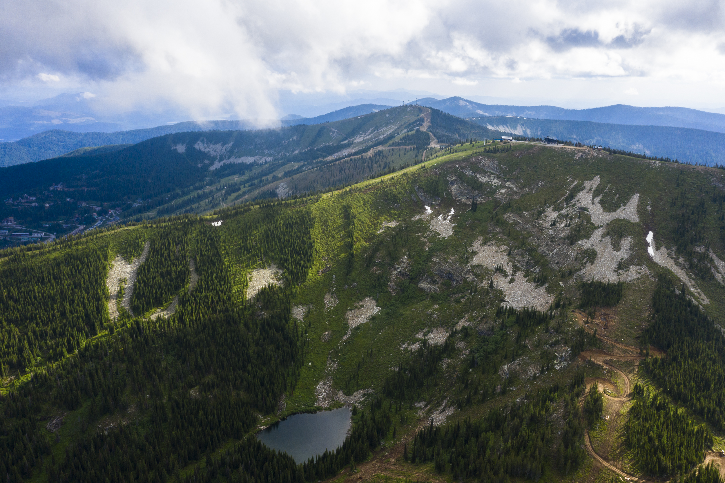 An aerial view of the tree-covered mountains at Schweitzer.