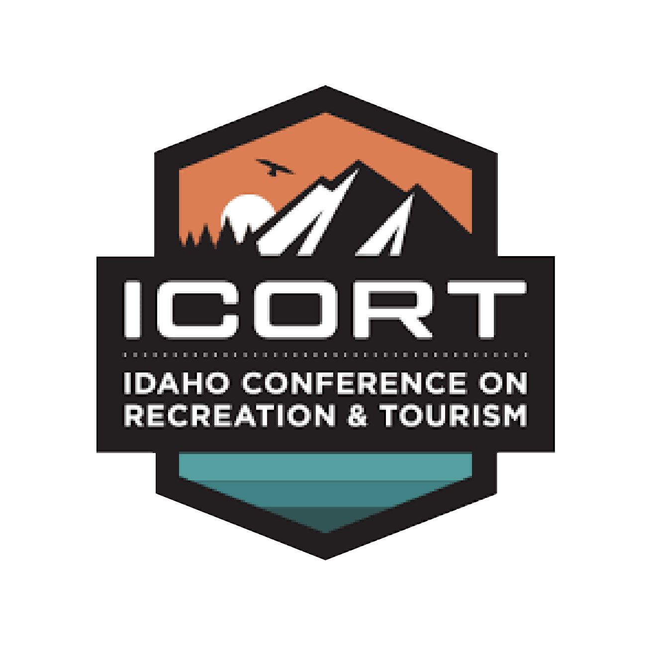 A logo showing the words ICORT: Idaho Conference On Recreation & Tourism over an illustration of the sun rising behind trees and mountains and a bird soaring above.