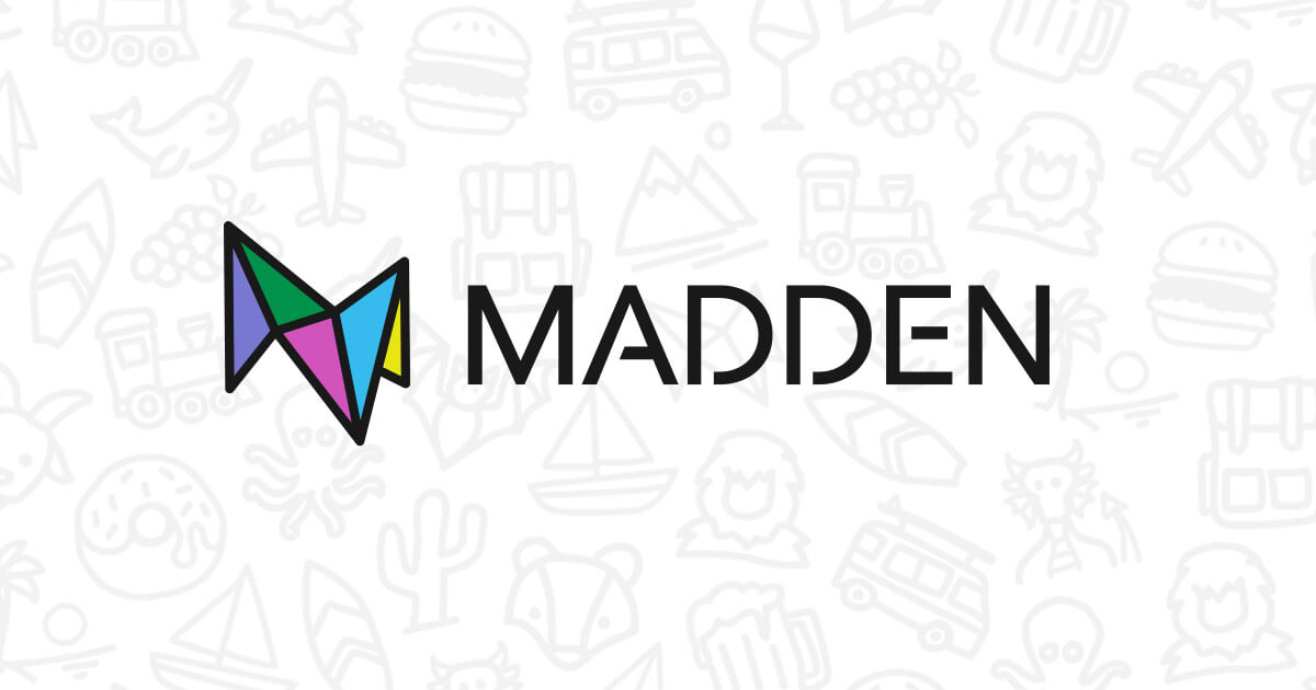 A logo showing a geometric, multicolored M beside the word Madden over a collection of travel-related and animal icons including planes, backpacks, sailboats, surfboards, an octopus and a narwhal.