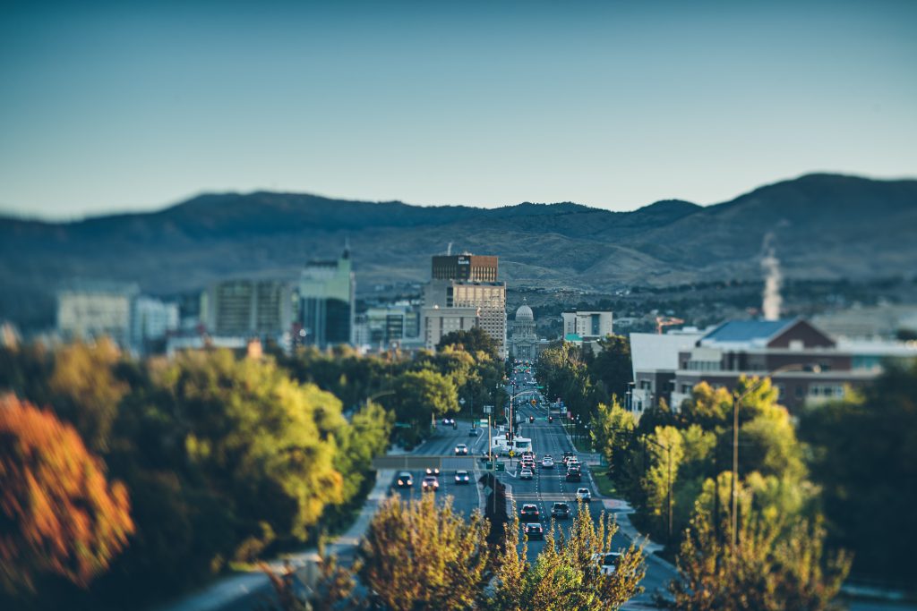 A view of the tree-lined streets of Boise and several tall buildings and the state capitol in the background.