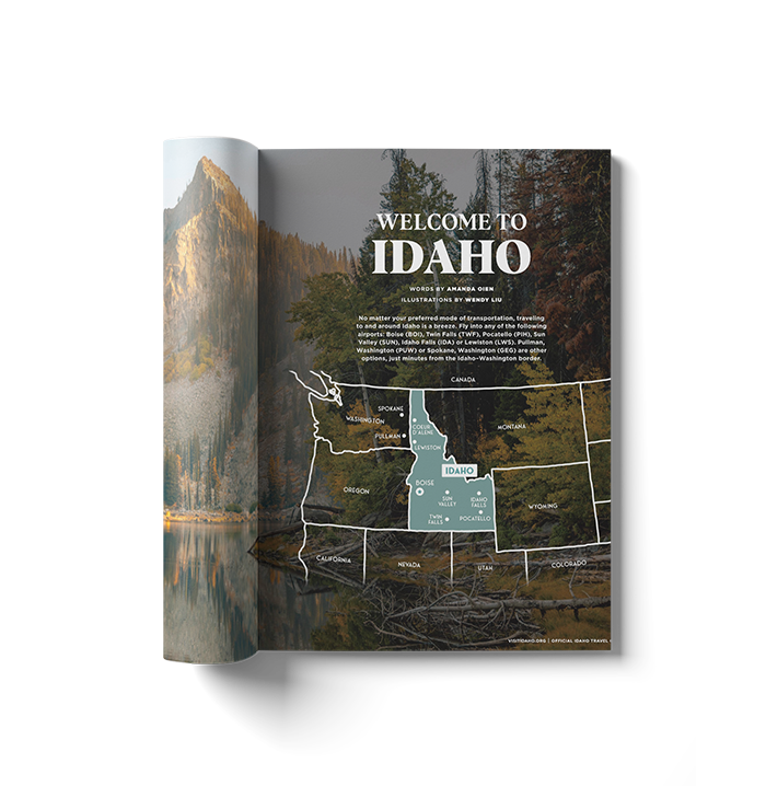 The opening spread of a feature in the 2025 Idaho Official Travel Guide showing the words Welcome to Idaho above an illustrated map of Idaho and its neighboring states.